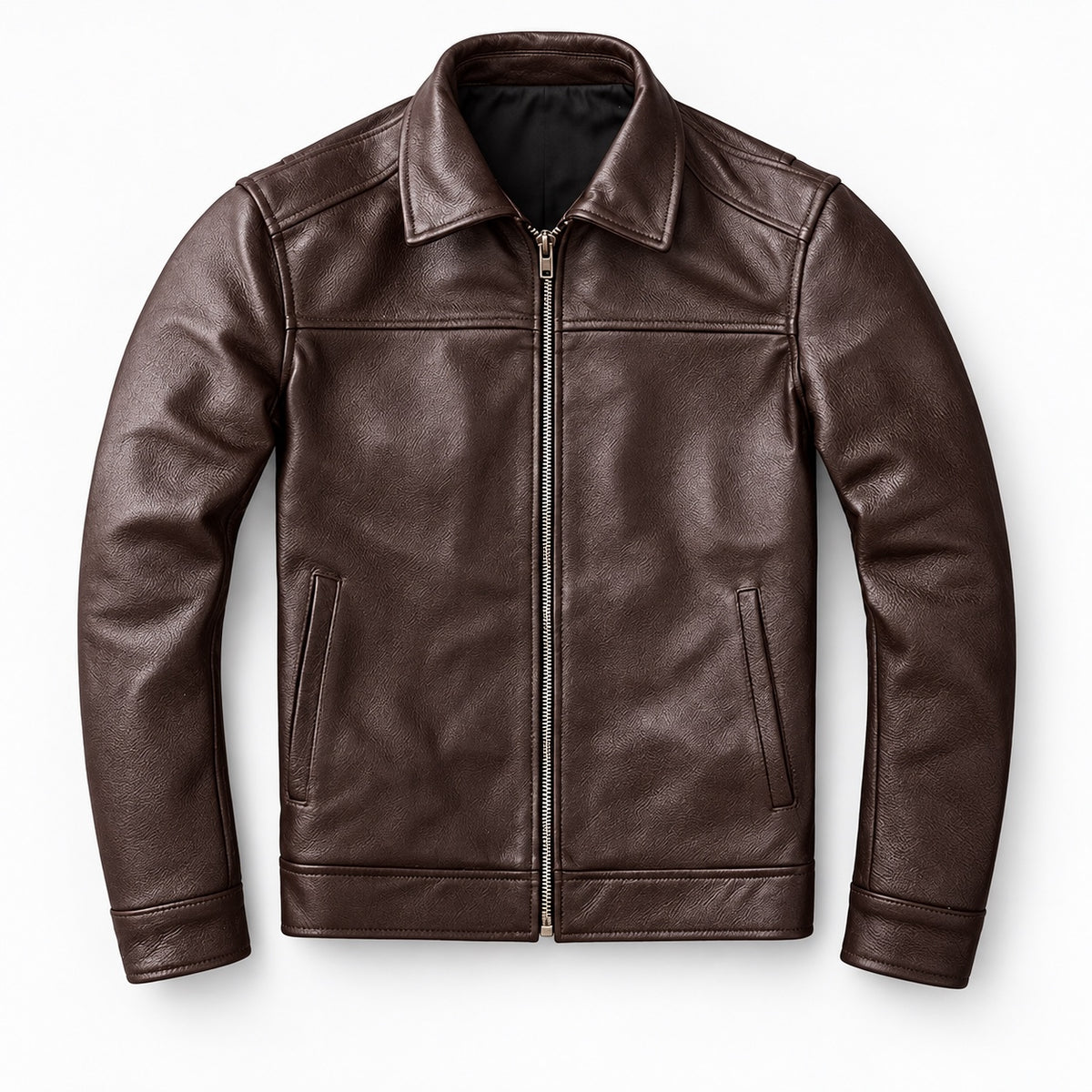 Dark brown classic-collar cowhide jacket — closed front view