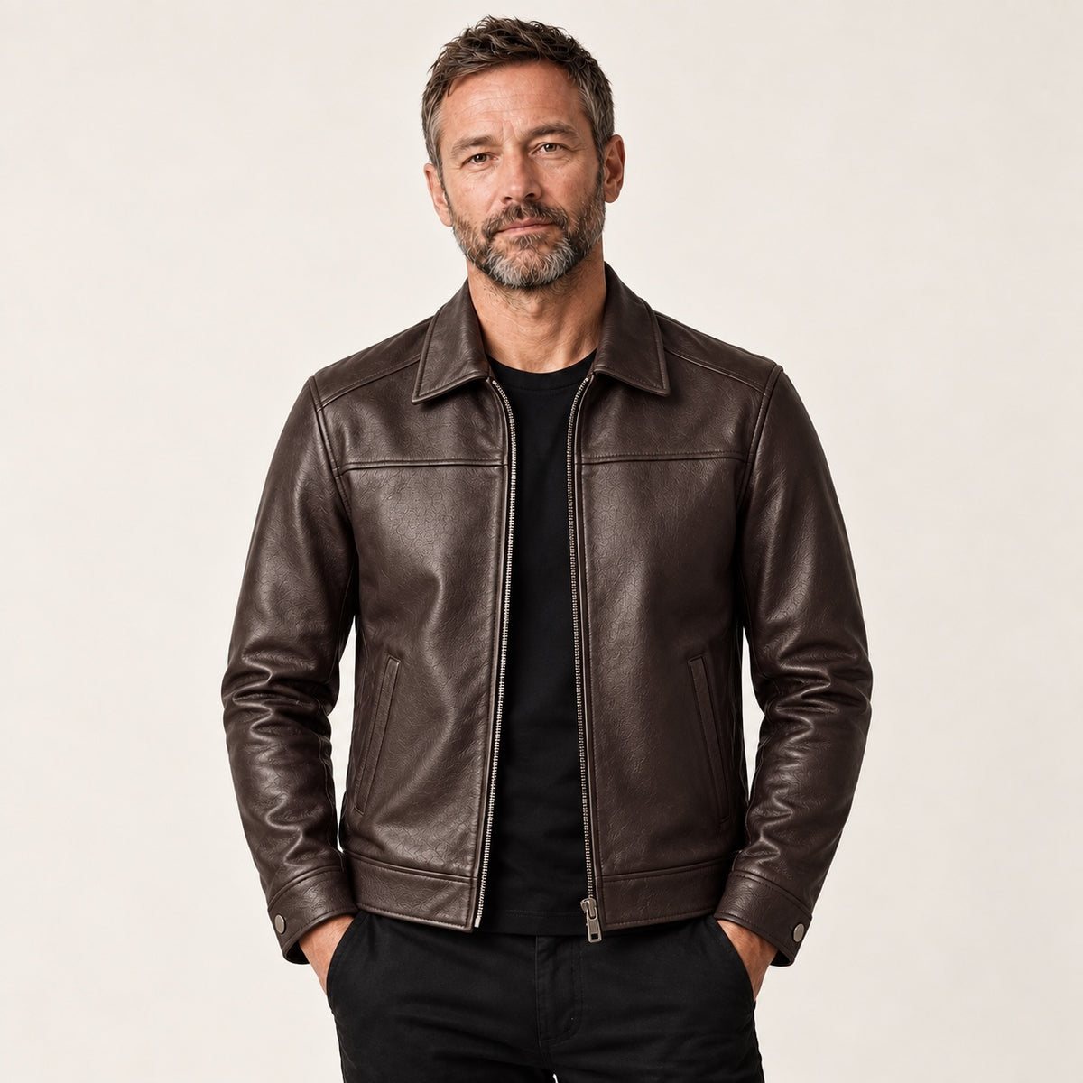 Dark Brown Classic-Collar Cowhide Jacket — British model — front