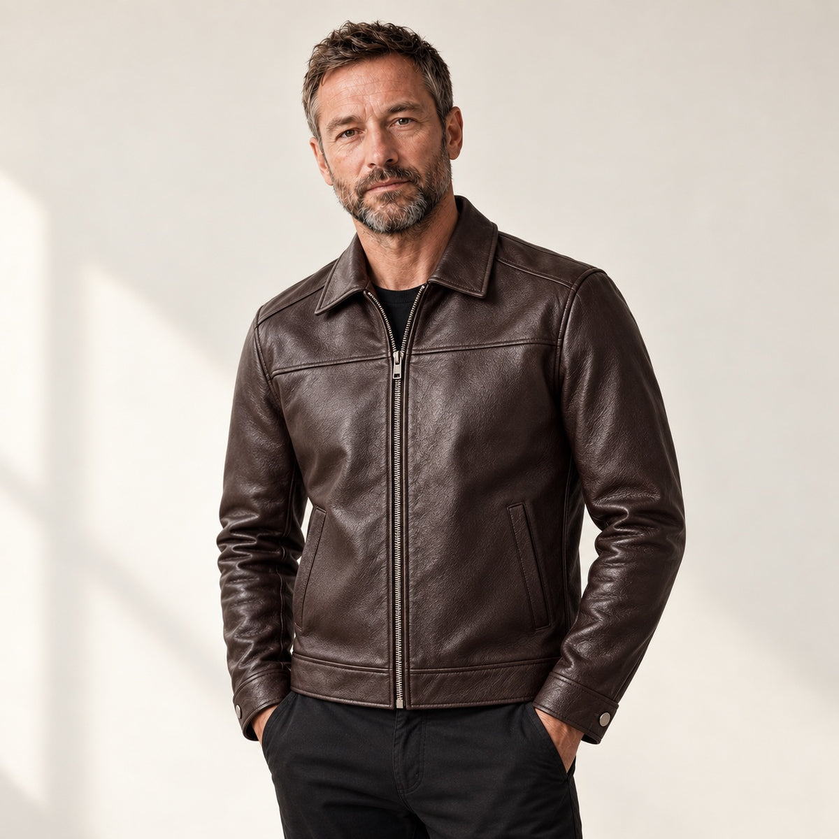 Dark Brown Classic-Collar Cowhide Jacket — British model — hero