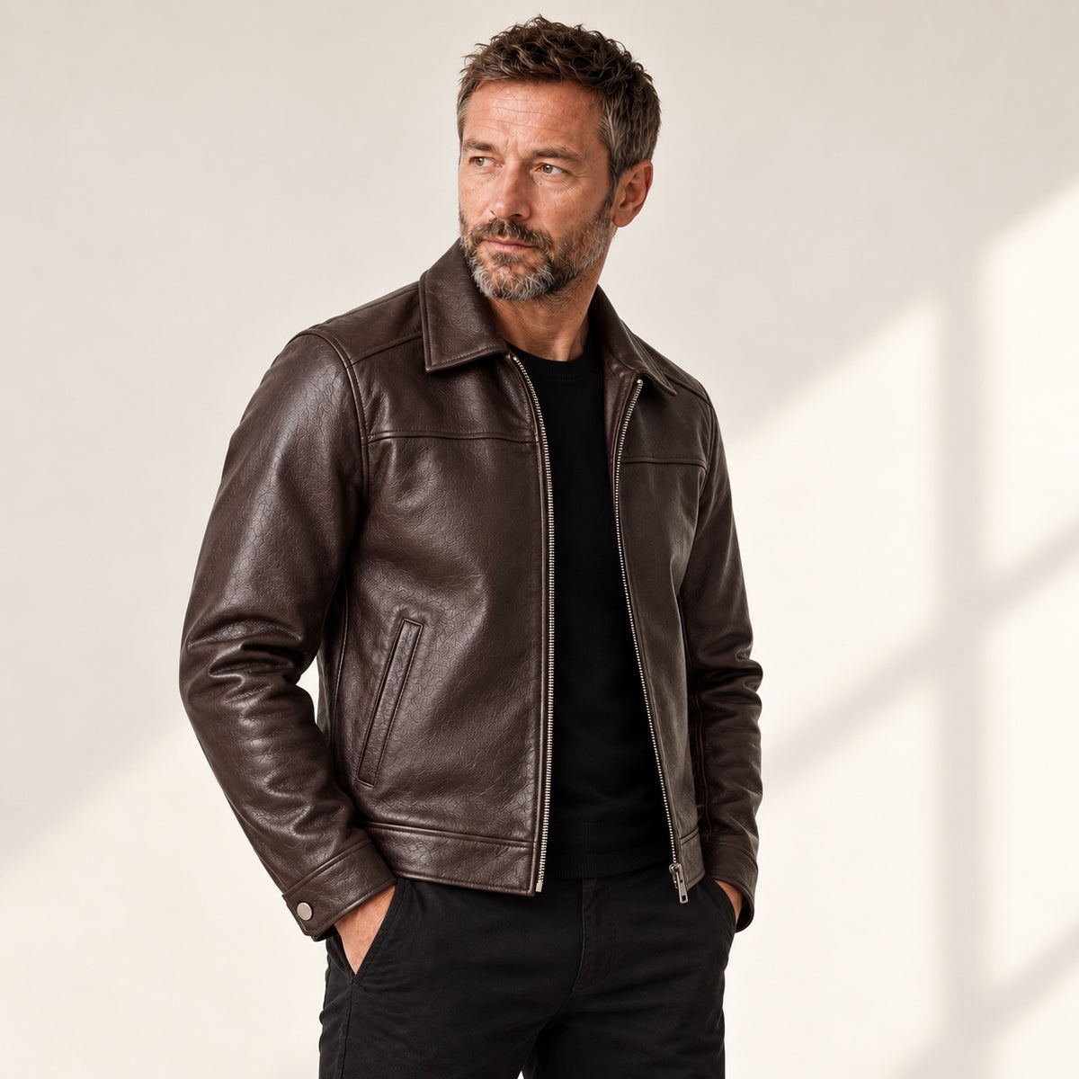 Dark Brown Classic-Collar Cowhide Jacket — British model — three quarter