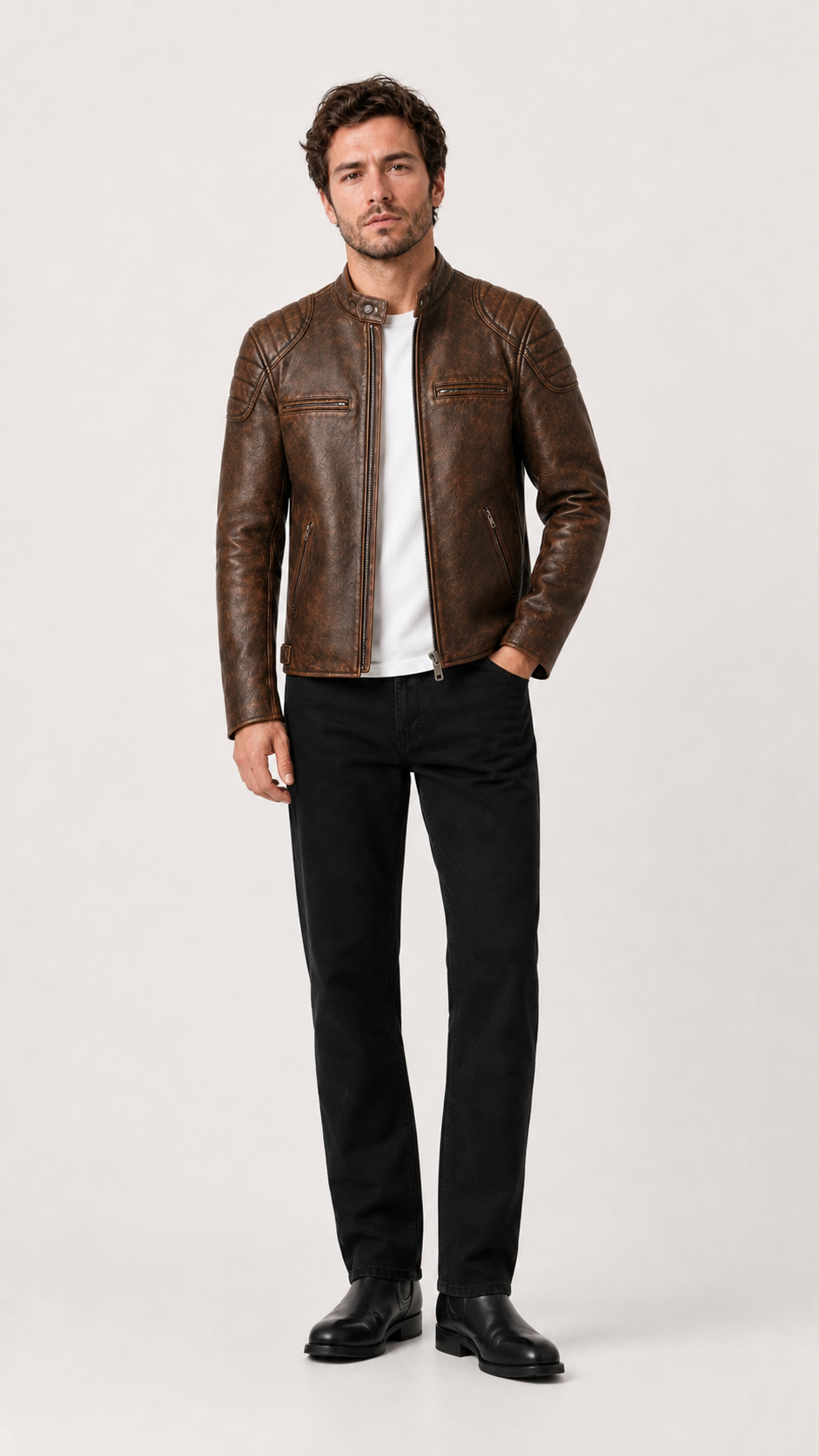 Full-length shot of a man in the distressed brown biker jacket and black trousers — British model