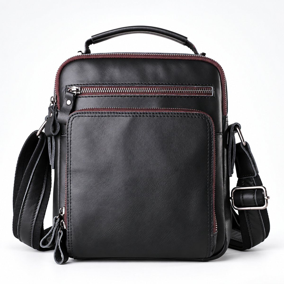 Smooth Black Leather Messenger Bag