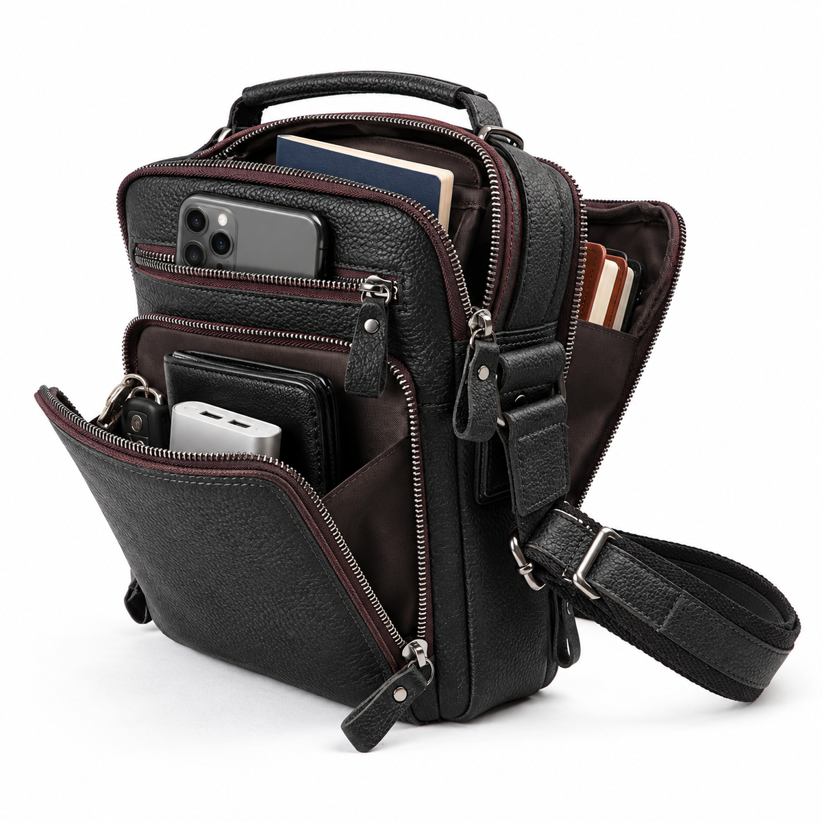 Black Pebbled Leather Messenger Bag