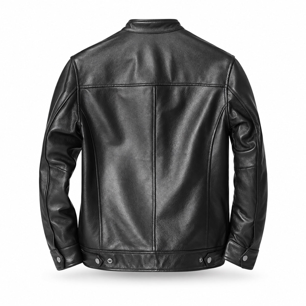 Black cowhide cafe racer jacket — clean back product view