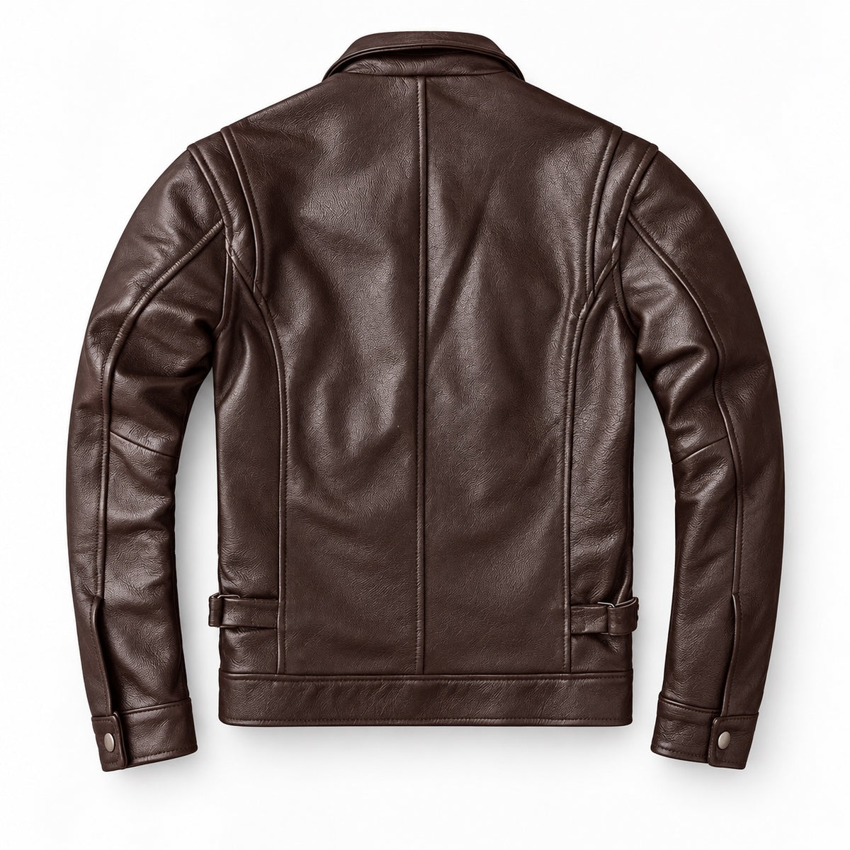 Dark brown classic-collar cowhide jacket — clean back view