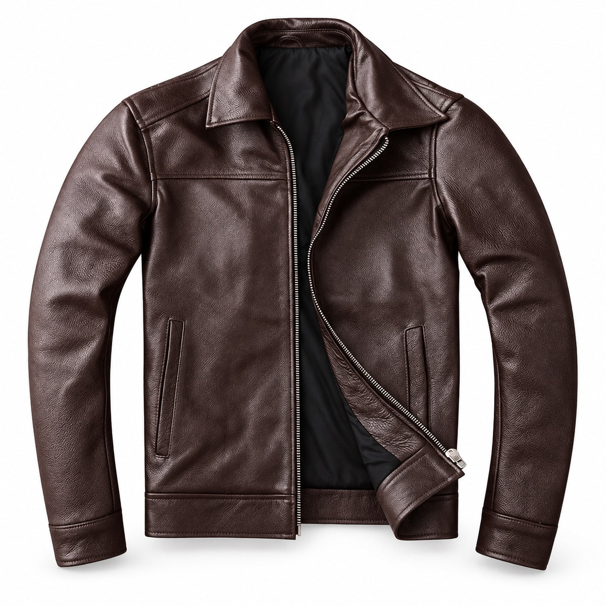 Dark brown classic-collar cowhide jacket — open product view