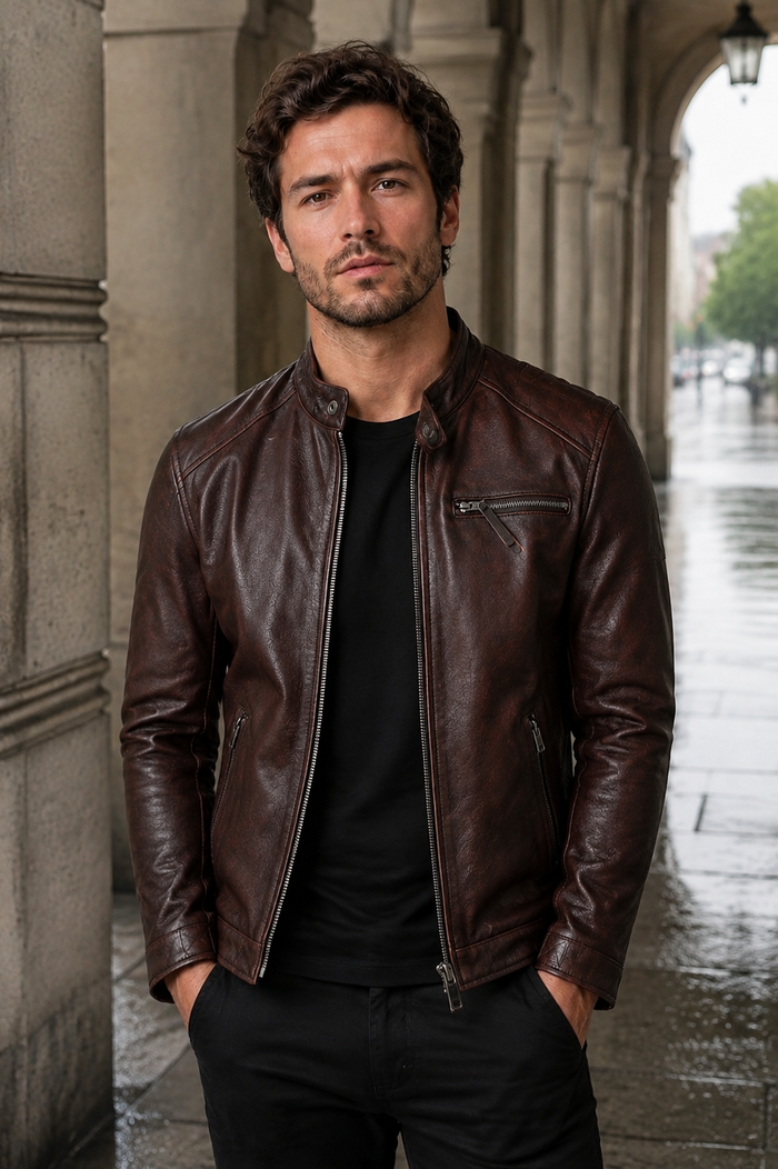 100% Genuine Leather — Oxblood Café Racer Jacket